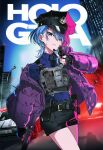  1girl ai-generated aiming blue_eyes blue_hair blue_shirt bulletproof_vest car commentary_request dual_wielding female_service_cap finger_on_trigger fujiwara_ringo gun handgun hat highres holding holding_gun holding_weapon hololive hoshimachi_suisei jacket magazine_(weapon) motor_vehicle peaked_cap police police_badge police_car police_hat police_uniform policeman policewoman purple_jacket shirt virtual_youtuber weapon 