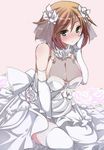  alternate_costume blush breasts bride brown_hair cleavage dress elbow_gloves gloves green_eyes kantai_collection large_breasts mutou_kurihito mutsu_(kantai_collection) short_hair solo thighhighs wedding_dress 