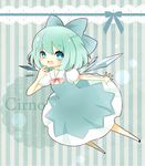  blue_background blue_eyes blue_hair blush bow character_name cirno hair_bow ice ice_wings mike_(mikeneko) open_mouth ribbon short_hair smile touhou wings 