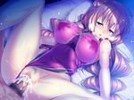  1girl aozora_stripe bed blue_eyes blush braid breasts brown_hair censored cum cum_in_pussy game_cg lactation large_breasts long_hair milk milk_leaking_through_clothing nipples open_mouth penis pillow piromizu sawatari_kyouko sex swimsuit vaginal 