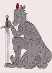 2025 armor avian bird claws cracks cracks_in_body dragon_tail dragonborn_(dnd) dungeons_and_dragons eyes_closed flat_colors hasbro horn humanoid kneeling male melee_weapon monochromejoker moss plant rock scalie sculpture simple_background solo statue sword sword_in_ground tan_background toe_claws weapon wizards_of_the_coast
