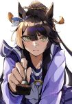  1girl absurdres animal_ears bandaid bandaid_on_face bandaid_on_nose black_hair bow bowtie breasts cake chocolate_cake closed_mouth commentary_request food fork hair_between_eyes highres holding holding_fork horse_ears horse_girl incoming_food long_hair long_sleeves looking_at_viewer naegi_happy narita_brian_(umamusume) pleated_skirt ponytail purple_sailor_collar purple_serafuku purple_shirt purple_skirt rope sailor_collar sailor_shirt school_uniform serafuku shimenawa shirt simple_background skirt solo tracen_school_uniform umamusume white_background white_bow white_bowtie yellow_eyes 