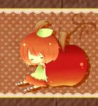  absurdres apple blush brown_hair character_request closed_eyes copyright_request food fruit heart highres leaf mike_(mikeneko) minigirl ribbon short_hair sitting solo 