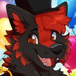  1:1 anthro balloon canid canine canis clothing fur hair hat headgear headwear inflatable inner_ear_fluff looking_at_viewer male mammal open_mouth open_smile rindeadsong smile solo tuft wolf 