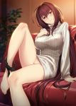  1girl arm_support bangs bare_legs barefoot black_panties blurry blurry_background blush breasts closed_mouth commentary_request couch covered_nipples eyebrows_visible_through_hair fate/grand_order fate_(series) futami_(mg42fw190d) hair_between_eyes hair_flowing_over hand_on_own_chest head_tilt highres indoors knee_up large_breasts long_hair looking_at_viewer panties purple_hair red_eyes ribbed_sweater scathach_(fate)_(all) scathach_(fate/grand_order) sidelocks sitting smile solo sweater turtleneck turtleneck_sweater underwear very_long_hair white_sweater 