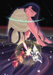  1girl absurdres amuro_ray battle bindi black_hair char's_counterattack char_aznable commentary_request duel earth_federation energy_barrier energy_beam energy_ring energy_sword fin_funnels ghost glowing green_eyes gundam highres lalah_sune looking_at_viewer mahirohisatomi mecha mobile_suit mobile_suit_gundam nebula neo_zeon nu_gundam robot sazabi science_fiction smirk space spirit star_(sky) sword tunic v-fin weapon zero_gravity 