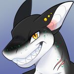  1:1 anthro aquatic ear_piercing fish gills looking_at_viewer male piercing pupils rindeadsong shark sharp_teeth slit_pupils smile solo teeth 