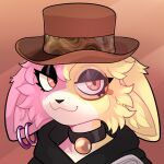  1:1 anthro clothing collar domestic_cat ear_piercing eyewear felid feline felis hat headgear headwear inner_ear_fluff looking_at_viewer mammal monocle piercing rindeadsong smile solo tuft 