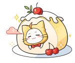  =_= animal animal_focus artist_request blush_stickers bow bowtie cake cat cherry closed_eyes closed_mouth clothed_animal cloud ear_covers food fruit happy hood hood_up icing in_food infinity_nikki momo_(nikki) nikki_(series) no_humans official_art plate red_bow red_bowtie smile solo sticker_(medium) swiss_roll traditional_bowtie transparent_background whiskers white_cat yellow_hood 