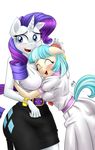  &lt;3 anthro anthrofied belt blue_eyes blue_hair blush bracelet breasts cleavage clothed clothing coco_pommel_(mlp) diamond dress duo equine eyes_closed female flower friendship_is_magic gem gold hair happy horn horse hug jewelry lesbian long_hair mammal my_little_pony nail_polish nervous open_mouth pia-sama plain_background pony purple_hair rarity_(mlp) skirt standing sweat two_tone_hair unicorn vest white_background white_body 
