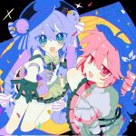  2girls :d ahoge blue_eyes blush bow bowtie collared_shirt commentary_request corrupted_twitter_file dot_nose double-parted_bangs drill_hair frilled_skirt frills gloves green_bow green_bowtie green_gloves green_skirt grey_jacket hair_between_eyes hair_ribbon half_gloves hat highres jacket kajuu_(maimai_maimaa) kasane_teto kasane_teto_(sv) long_hair long_sleeves looking_at_viewer miniskirt multiple_girls open_mouth otomachi_una outstretched_arm purple_hair purple_hat purple_vest red_eyes red_hair ribbon shirt short_hair short_sleeves sitting skirt smile sparkle synthesizer_v twin_drills utau vest vocaloid white_ribbon white_shirt 