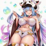  1girl ai-generated animal_print bare_shoulders blue_hair blush bra breasts bubble catura_(granblue_fantasy) cleavage commentary_request cow_horns cow_print draph earrings granblue_fantasy half-closed_eyes horns jewelry large_breasts long_earlobes long_hair looking_at_viewer multicolored_hair navel okasa_re_taii open_mouth partial_commentary red_eyes short_shorts shorts smile solo standing sweat thighhighs thighs tongue two-tone_hair underwear very_long_hair white_bra white_shorts white_thighhighs 