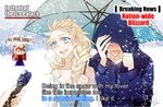  1boy 1girl anna_(frozen) crossover elsa_(frozen) frozen_(disney) hood jack_frost_(rise_of_the_guardians) rise_of_the_guardians snow special_feeling_(meme) umbrella white_hair 
