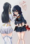  black_hair blush breasts dress english epaulettes gloves heart junketsu kill_la_kill kiryuuin_satsuki living_clothes long_hair matoi_ryuuko medium_breasts midriff mike_angel multicolored_hair multiple_girls navel red_hair senketsu short_hair skirt spoilers suspenders sweatdrop thighhighs two-tone_hair tying 