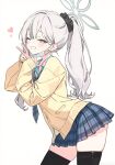  1girl ai-generated black_scrunchie black_thighhighs blue_archive blue_shirt blue_skirt blush collared_shirt commentary_request english_commentary grey_eyes grey_hair hair_ornament hair_scrunchie halo heart highres konoka_(blue_archive) leaning_forward long_hair mask miniskirt mixed-language_commentary mouth_mask multicolored_hair necktie one_eye_closed open_mouth plaid_clothes plaid_skirt pleated_skirt ponytail rinca school_uniform scrunchie shirt simple_background skirt smile solo streaked_hair sweater thighhighs v white_background white_hair winking_(animated) zettai_ryouiki 