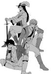  2boys bad_id bad_pixiv_id battle_tendency caesar_anthonio_zeppeli formal greyscale hands_on_hilt hat highres jojo_no_kimyou_na_bouken joseph_joestar_(young) lisa_lisa monochrome multiple_boys planted_sword planted_weapon rapier sara666 sitting sword weapon 