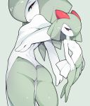  butt collarbone female flat_chested full_body green_background green_hair hair hair_over_eye half-closed_eyes hi_res kirlia looking_at_viewer looking_away looking_back multiple_angles navel nintendo not_furry not_furry_focus open_mouth pok&eacute;mon pok&eacute;mon_(species) rear_view red_eyes shiny_hair short_hair simple_background slugbox solo standing video_games 