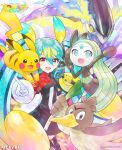  1girl aqua_eyes aqua_hair asymmetrical_gloves bird black_dress black_sclera blue_eyes blue_hair blush breasts colored_sclera commentary_request cover dress duck farfetch'd food gloves green_hair hair_between_eyes hatsune_miku highres holding holding_food holding_spring_onion holding_vegetable kei_(keigarou) long_hair long_sleeves looking_at_viewer meloetta meloetta_(aria) microphone miraidon mismatched_gloves official_art open_mouth pikachu pokemon pokemon_(creature) project_voltage second-party_source smile spring_onion twintails vegetable very_long_hair vocaloid white_gloves yellow_gloves 