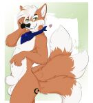 2019 3_tails animal_genitalia anthro black_eyebrows black_nose black_pawpads butt canid canine cheek_tuft claws colored digital_drawing_(artwork) digital_media_(artwork) dipstick_tail eyebrows facial_tuft fangs fox fur genitals green_eyes hair heart_symbol kerchief kerchief_only kwik_(artist) male mammal markings mostly_nude multi_tail navel neckerchief neckerchief_only neckwear orange_body orange_fur pawpads shaded sheath short_hair simple_background solo tail tail_markings teeth tuft whisker_spots white_body white_claws white_fur white_hair