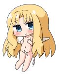  1girl bangs barefoot blonde_hair blue_eyes blush chibi closed_mouth collarbone commentary_request covering covering_chest eyebrows_visible_through_hair feathered_wings feathers firo_(tate_no_yuusha_no_nariagari) full_body groin hana_kazari head_tilt long_hair looking_at_viewer navel nude parted_bangs simple_background smile solo tate_no_yuusha_no_nariagari very_long_hair white_background white_feathers white_wings wings 