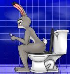 anthro bathroom cellphone disney domestic_rabbit dwarf_rabbit electronics european_rabbit f50_(artist) female female_anthro hi_res holding_object holding_phone implied_scat in_toilet judy_hopps lagomorph leporid mammal nude nude_female on_toilet oryctolagus phone pooping purple_eyes rabbit smartphone solo toilet toilet_use using_phone xavie-r zootopia