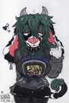 absurd_res anthro big_ears black_clothing black_legwear bottomwear bovid bovine cattle clothing collar cowbell ear_piercing female floppy_ears green_eyes green_hair hair hi_res holstein_friesian_cattle legwear long_sleeve_shirt long_sleeves looking_away mammal mootsncompany mumei_(mootsncompany) piercing playing_with_hair shirt shorts sketch solo stockings t-shirt tail tail_tuft text text_on_clothing text_on_shirt text_on_topwear thigh_highs topwear traditional_media_(artwork) tuft