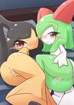  anus bar_censor bed blush censored eyelashes from_behind furry gen_3_pokemon kaceuth kirlia looking_at_viewer lying mawile multiple_girls no_humans on_bed on_side open_mouth pokemon pokemon_(creature) pussy pussy_juice red_eyes 