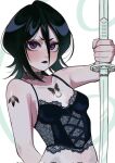  1girl arm_behind_back black_bustier black_hair black_lips bleach bow breasts bustier chest_tattoo choker commentary english_commentary frown hair_bow highres holding holding_sword holding_weapon kuchiki_rukia lace lace-trimmed_bustier lace_choker lace_trim lingerie lipstick m1rimorinku makeup mascara medium_hair purple_eyes short_eyebrows shoulder_tattoo small_breasts sode_no_shirayuki_(shikai) solo sword tattoo twitter_username underwear underwear_only upper_body v-shaped_eyebrows weapon zanpakutou 