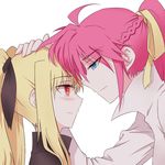  blonde_hair blue_eyes blush eye_contact face-to-face fate_testarossa forehead-to-forehead hair_ribbon height_difference leaning_forward long_hair looking_at_another lyrical_nanoha mahou_shoujo_lyrical_nanoha mahou_shoujo_lyrical_nanoha_a's multiple_girls pink_hair ponytail red_eyes ribbon signum sm318 smile twintails 