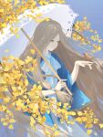  1girl absurdres animal autumn_leaves bird bird_on_hand blue_background blue_shawl bow bowtie branch chinese_commentary closed_mouth commentary_request cowboy_shot dress expressionless from_side ginkgo_leaf grey_hair hair_tubes highres holding holding_umbrella leaf long_hair looking_at_animal parasol sense_(sousou_no_frieren) shawl simple_background single_hair_tube solo sousou_no_frieren standing stille_(sousou_no_frieren) umbrella user_dgdk8884 very_long_hair white_bow white_bowtie white_dress white_umbrella yellow_eyes 
