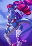  2019 5_fingers alanscampos anthro blue_eyes clothed clothing detailed_background digital_media_(artwork) dragon female hair horn purple_hair solo standing 