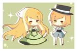  blush brown_hair chibi doll hat heterochromia long_hair mike_(mikeneko) multiple_girls open_mouth pantyhose ribbon rozen_maiden short_hair smile souseiseki suiseiseki 