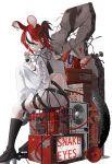  1girl :p absurdres animal_ear_piercing animal_ears asymmetrical_clothes belt black_belt black_boots black_streaks blue_eyes boots commentary cropped_shirt extra_ears fishnets frilled_shirt frills full_body hakos_baelz hakos_baelz_(rat) hakos_baelz_(recolor) halloween_baelz hand_up highres hololive hololive_english knee_boots looking_at_viewer mouse_ears mouse_girl mouse_tail multicolored_hair official_alternate_costume pants ponytail red_hair shirt single_pantsleg sitting snake_eyes_(hakos_baelz) solo streaked_hair tail tanishi_(hetianming11093) thigh_strap tongue tongue_out untranslatable_commentary virtual_youtuber white_pants white_shirt white_streaks 