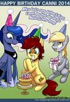  2014 birthday blonde_hair blue_eyes blue_hair cake candle canni_soda_(galacon) cutie_mark derpy_hooves_(mlp) equine female feral food freckles friendship_is_magic german_text gift green_eyes group hair happy horn horse john_joseco mammal my_little_pony original_character pegasus pony princess_luna_(mlp) smile text winged_unicorn wings 
