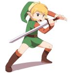  1boy belt blonde_hair boots dokan_(dkn) full_body hat link male_focus nintendo open_mouth pointy_ears simple_background solo sword teeth the_legend_of_zelda tunic weapon white_background 