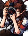  1girl black_skirt camera closed_eyes commentary_request dade_ne hat highres holding holding_camera medium_hair one-hour_drawing_challenge pointy_ears shameimaru_aya short_sleeves skirt solo tokin_hat touhou 