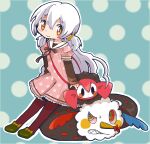 1girl absurdres charlotte_(madoka_magica) chuu-son commentary_request dress highres korean_commentary long_hair looking_at_viewer mahou_shoujo_madoka_magica mahou_shoujo_madoka_magica:_hangyaku_no_monogatari momoe_nagisa multiple_persona orange_eyes pantyhose pink_dress polka_dot polka_dot_background polka_dot_dress red_pantyhose sailor_collar sharp_teeth teeth white_hair witch_(madoka_magica) 