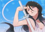  1girl black_hair bleach bleach:_epilogue blue_background commentary dress english_commentary expressionless hair_between_eyes highres holding holding_sword holding_weapon kuchiki_rukia lips long_hair m1rimorinku parted_lips portrait purple_eyes signature sode_no_shirayuki_(shikai) solo sword very_long_hair weapon white_dress zanpakutou 