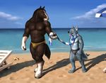  amber_eyes anthro beach biceps big_muscles blue_fur brown_fur bulge canine claws detailed duo equine eye_contact fur gay grey_fur grin gripping hair holding horse lag2011 male mammal muscles november outside pecs pose sand scarf sea seaside size_difference smile speedo swimsuit toe_claws toned tongue tongue_out topless water wolf 