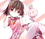  animal_ears brown_hair bunny bunny_ears carrying dress garter_straps iijima_masashi inaba_tewi jewelry looking_at_viewer necklace pendant pink_dress pink_eyes puffy_sleeves short_hair short_sleeves solo thighhighs touhou white_legwear zettai_ryouiki 