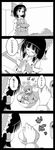  4koma bow bowl comic detached_sleeves flower_(symbol) from_above greyscale hair_bow hair_tubes hakurei_reimu highres in_bowl in_container japanese_clothes kimono looking_up minigirl monochrome multiple_girls praying rejection short_hair size_difference smile sukuna_shinmyoumaru table touhou translated utakata_(azaka00) 