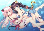  2girls :d air_bubble animal_ear_fluff animal_ears arched_back ass bangs bare_shoulders barefoot bikini blue_bikini blue_eyes blush braid breasts brown_hair bubble cat_ears cat_girl cat_tail cleavage collarbone commentary_request dappled_sunlight day double_bun eyebrows_visible_through_hair fingernails fujikura_ryuune hair_between_eyes hair_bobbles hair_ornament long_hair looking_at_viewer low_twintails medium_breasts multiple_girls nail_polish open_mouth original outdoors outstretched_arm pink_bikini pink_nails purple_eyes side-tie_bikini side_bun smile sunlight swimsuit tail tail_raised tiger_ears tiger_girl tiger_tail twin_braids twintails underwater very_long_hair water wrist_cuffs 