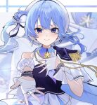  1girl absurdres asymmetrical_sleeves aya02ka blue_eyes blue_hair commentary_request floral_print gloves half_gloves highres hololive hoshimachi_suisei long_hair official_alternate_costume official_alternate_hairstyle rose_print see-through_clothes see-through_midriff single_half_glove smile solo star_(symbol) star_in_eye symbol_in_eye virtual_youtuber 