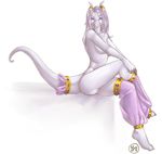  anthro breasts dragon female hair horn jewelry looking_at_viewer maxxmissions nude purple_eyes pussy sha'ra_(fariday) sitting solo thick_tail white_hair white_skin 
