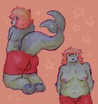 2026 anthro aquatic arm_tuft artist_name belly belly_overhang belly_rolls blue_eyes blush blush_lines bodily_fluids bottomwear bulge bulge_from_behind butt chemicalcreature chest_tuft clothed clothing colored countershading digital_media_(artwork) double_chin elbow_tuft fat_rolls front_view fur fur_tuft grey_body hair heart_symbol hip_tuft juno_(chemicalcreature) kneeling looking_at_viewer looking_back looking_forward male mammal markings moobs navel nervous nervous_sweat nipples overweight overweight_male partially_clothed pink_hair pinniped raised_tail rear_view red_bottomwear red_clothing red_shorts seal shaded shorts signature smile solo spots spotted_body spotted_fur standing star_symbol sweat tail tail_tuft text thick_tail three-quarter_view topless tuft watermark