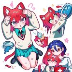  1boy 1girl amate_yuzuriha animal_ears aqua_eyes aqua_shirt aqua_skirt bandaid blue_hair blush cat_ears cat_girl cat_tail closed_mouth collared_shirt colored_inner_hair commentary couple fish fishbowl gloves gundam gundam_gquuuuuux hetero highres holding injury long_sleeves looking_at_viewer multicolored_hair necktie nut87501 open_mouth purple_hair red_eyes red_hair school_uniform shirt short_hair shuji_ito simple_background skirt smile sweater tail tank_top tears two-tone_hair water white_background white_shirt 