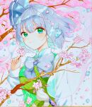  1girl blush bow bowtie cherry_blossoms collared_shirt commentary flower green_eyes green_vest grey_bow grey_bowtie grey_hair highres hitodama konpaku_youmu konpaku_youmu_(ghost) long_sleeves looking_at_viewer marker_(medium) pink_flower ringo33757 shikishi shirt solo touhou traditional_media vest white_shirt 