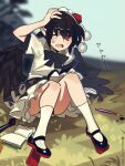  1girl ayaya~ bird_wings black_bow black_bowtie black_hair black_shoes black_skirt black_wings blush boa_(brianoa) bow bowtie commentary english_commentary feathered_wings geta hand_on_own_head hat highres looking_at_viewer nib_pen_(object) one_eye_closed open_mouth outdoors pen pom_pom_(clothes) puffy_short_sleeves puffy_sleeves red_eyes red_hat shameimaru_aya shirt shoes short_sleeves skirt socks solo sweatdrop tengu-geta tokin_hat touhou translation_request white_shirt white_socks wings 