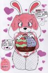 anthro basket beagle big_breasts big_ears blush blush_lines bodypaint breasts canid canine canis clothed clothing container dialogue domestic_dog drawing drawing_on_body easter easter_basket easter_egg english_text fake_ears fake_rabbit_ears female fishnet_clothing fishnet_legwear floppy_ears fur hi_res holidays hunting_dog legwear mammal mootsncompany name_in_dialogue nude painted_breasts painting_(artwork) partially_clothed pink_body pink_fur pussy_tape rose_(mootsncompany) scent_hound sketch solo speech_bubble tape text traditional_media_(artwork) traditional_painting_(artwork) white_clothing white_legwear