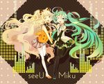  bad_id bad_pixiv_id blonde_hair boots character_name detached_sleeves green_eyes green_hair hatsune_miku holding_hands long_hair multiple_girls necktie one_eye_closed open_mouth seeu skirt standing standing_on_one_leg thigh_boots thighhighs twintails very_long_hair vocaloid yult 